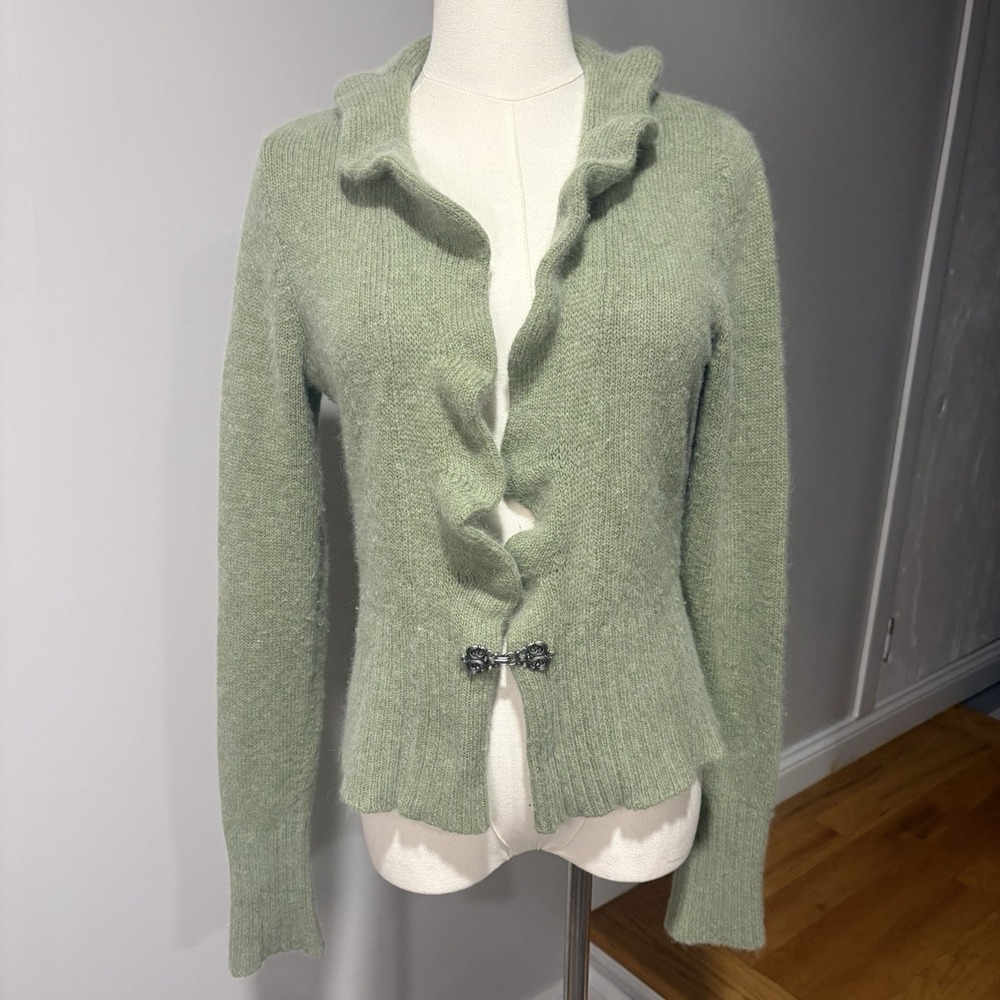 Valerie Bertinelli Angora Rabbit Wool Blend Ruffle Cardigan Sage Green Sz S Boho